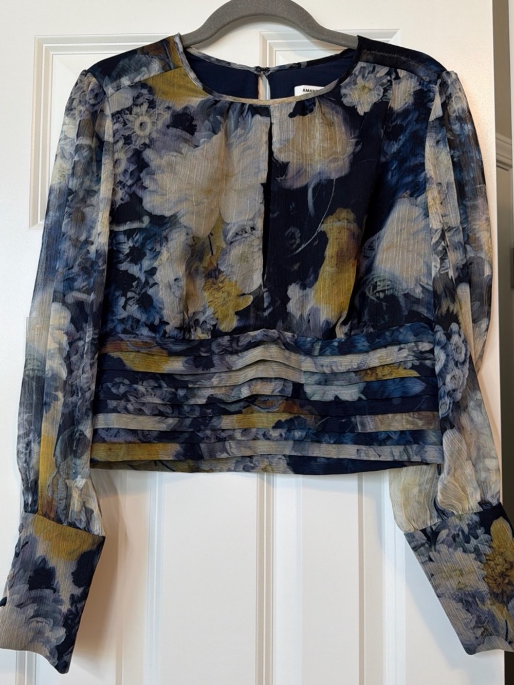 Amanda Uprichard Navy Floral Sheer Blouse with Yellow Accents